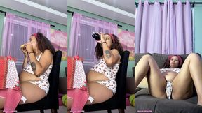 bloated pizza night chubby girl burps and farts on couch