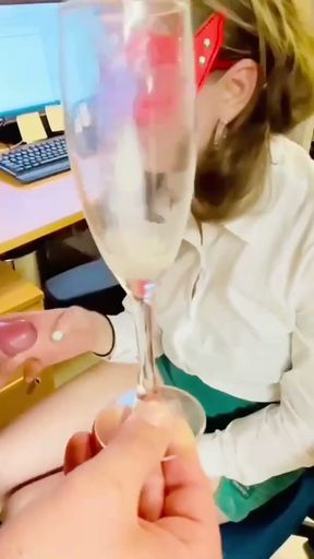 Champagne and CUM for HER, Secretary drinks my cum from champagne glass, slutty teenage secretary, cheating wife sucks   Clip 3