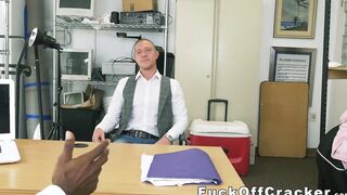 Handsome dude interracially fucked for cash in the office