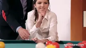 Skinny Russian babe gets gangbang during a pool game
