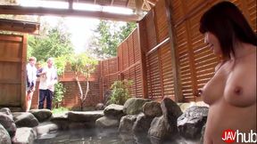 Haruka Aizawa offers a Blowjob and Handjob to satisfy two eager men outdoors