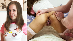 teen squeezes massive cum out of her holes