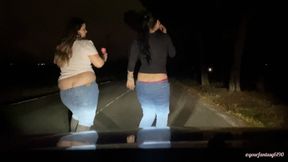 Butt crack dancing in front of the car