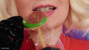 Food fetish: eating video latex blonde girl