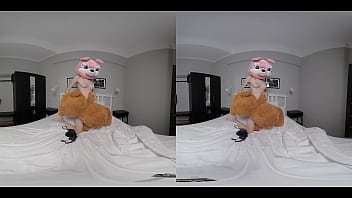 Celestine super skinny and tiny girl with pale skin dancing and stripping with teddy bear and masturbating with pink vibrator in VR 3D 180