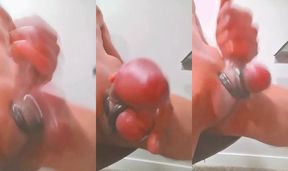 Sissy twink with thick BBC tied tight cock ring while bouncing balls edge and cum shot solo