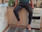 pissing in the kitchen and masturbate after long pee in leggings