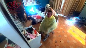 Prank! Barber woman undressing at her nudist barbershop. The client is surprised part 3