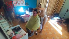 Prank! Barber woman undressing at her nudist barbershop. The client is surprised part 3