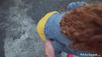 Public Porn Sexy redhead waitress sucks cock and gets fucked doggystyle outside in public