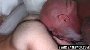Big bear barebacking his skinny hunk partner in hotel room