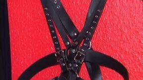 Mature Leather Domme Binds Her Fishnet Slave