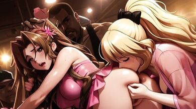 Aerith gets fucked raw in a mosh pit of black cocks