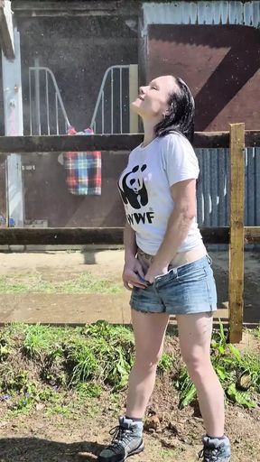 Wet T Shirt Playtime- Cooling off Under a Cold Outdoor Shower