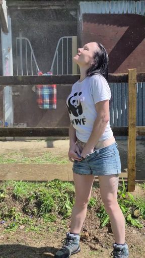 Wet T Shirt Playtime- Cooling off Under a Cold Outdoor Shower