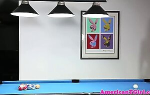 Tattooed pierced tgirl wanks on pooltable