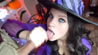 Witch cosplayer sucks cock and gets cum all over her face during Halloween party