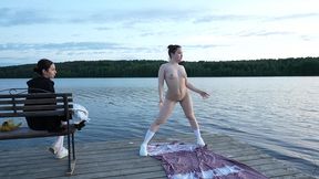 two girls took their clothes off on the lake. a passing surfer had sex in the open air.