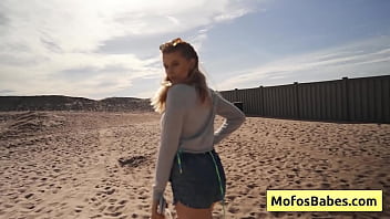 Blonde bombshell Sahara Skye sucks cock in the car, then shows off her sexy butt on the beach