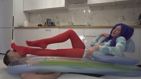 Man Inside Of Floating Mattress And Miku Relaxing On Him In Red Pantyhose - HD 1920x1080