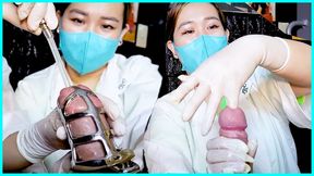 Femdom Sounding in Chastity Cage by 2 Cruel Nurses