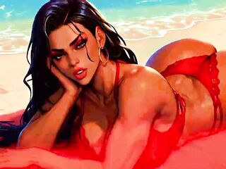 4K 100% AI Generated 3D Soft Looping PMV: Dark-Skinned Thick Butt Gentle Twerk on Tropical Beach in Hot Bikinis