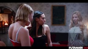 2 Blondes 1 Brunette Trans Fucks Girl in Lesbian Shemale Threesome with Double Futa Transformation