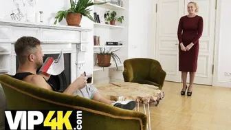 Sexy blonde mature woman seduces young man in stockings