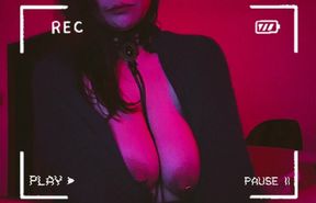 sexy milf with pierced nipples that is attached and chained to her collar