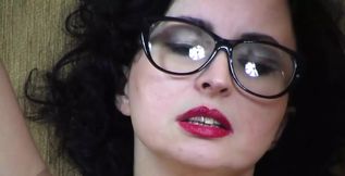 Dressed as a kinky secretary office outfit with nylons and glasses, I'm having a great time with my glass dildo-friend