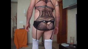 Sissy Coca shows off her 6 euro outfit , hope it'_s not too slutty with white stockings and suspenders