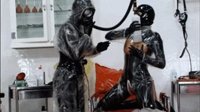 Hot sluts with plastic over rubber outfits and piss bottle re-breather session - Part 2 of 2