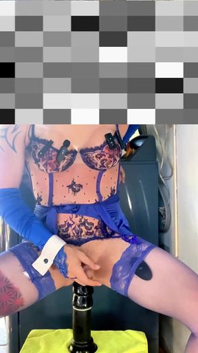 Cute Femboy in High Heels Very Sexy Blue Stocking Lingerie Showing His Panties Outside