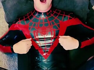 young man gets fucked in a rubber spidey suit
