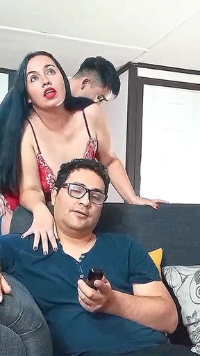 Unfaithful stepmother is fucked by her stepson behind the back of her cuckold husband who watches TV   Clip 1