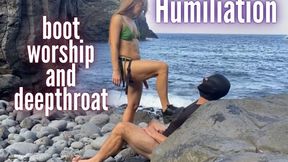 Humiliation slave on a beach with training his throat, spanking and boot worshiping