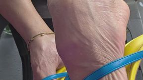 Extreme close up of my Highly Arched Feet and pointed toes on colorful mules by Milah