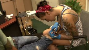 the tattooed and pierced, brunette biker chic emily parker, invited one of her friends...