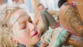 Tattooed beauties get Interracial DP and Anal action