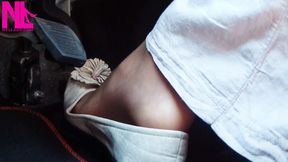 Driving and pedal pumping in light ballet flats and nude nylons