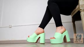 (555) Shoe Collection: Green Platform Mules with Block Heels - Dame Olga (1080p, MP4)