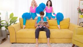 ”Nerd satisfies two cheerleaders”