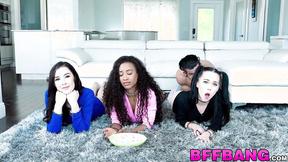 ”Cute teen sluts pleasure one dick during movie night”