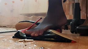 High heels destruction, wrecked shoes, high heels crush, high heels bending, high heels stomping