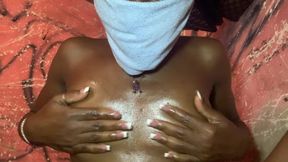 Hot ebony petite babe boob massage