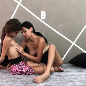 My stepsister is sad for her boyfriend and I comfort her with delicious lesbian sex