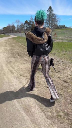 Walking outside while wearing my cute flare pants