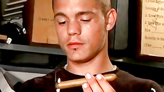 Handsome guy with necklace blow his smoke and spills his cum