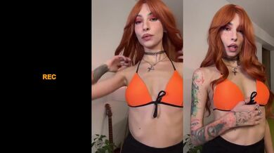 Skinny ginger goddess chokes on her own cum while fingering her small tits