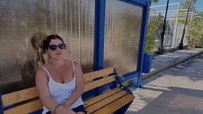 Shapely busty stepmom takes young son's cock in her mouth at a public bus stop